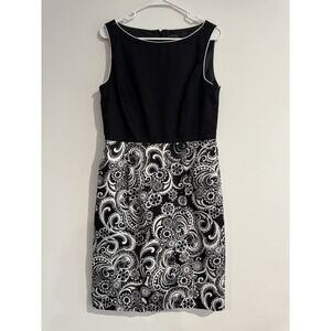 Tahari Arthur S Levine Dress Women's 12 Black White Sheath Sleeveless Paisley